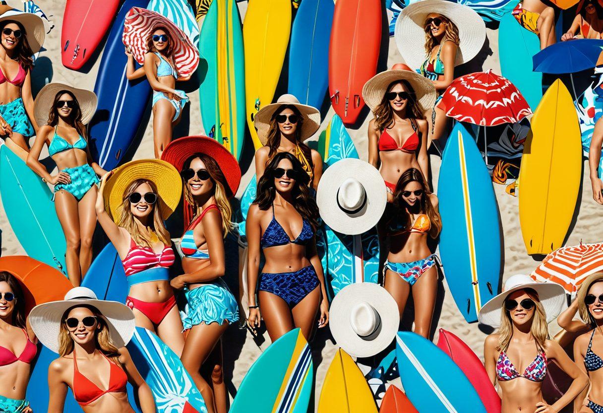 A vibrant beach scene showcasing diverse women in stylish bikinis, featuring various trendy styles and colors, with sun hats and sunglasses. Include surfboards, beach umbrellas, and playful ocean waves in the background. Capture the essence of summer fun and fashion for every budget. bright and cheerful colors. 3D illustration. tropical vibe.